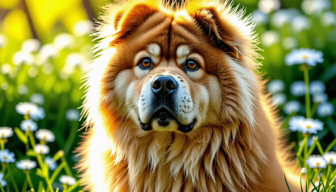 Chow Chow fauve à poil long debout de profil, collerette fournie autour du cou
