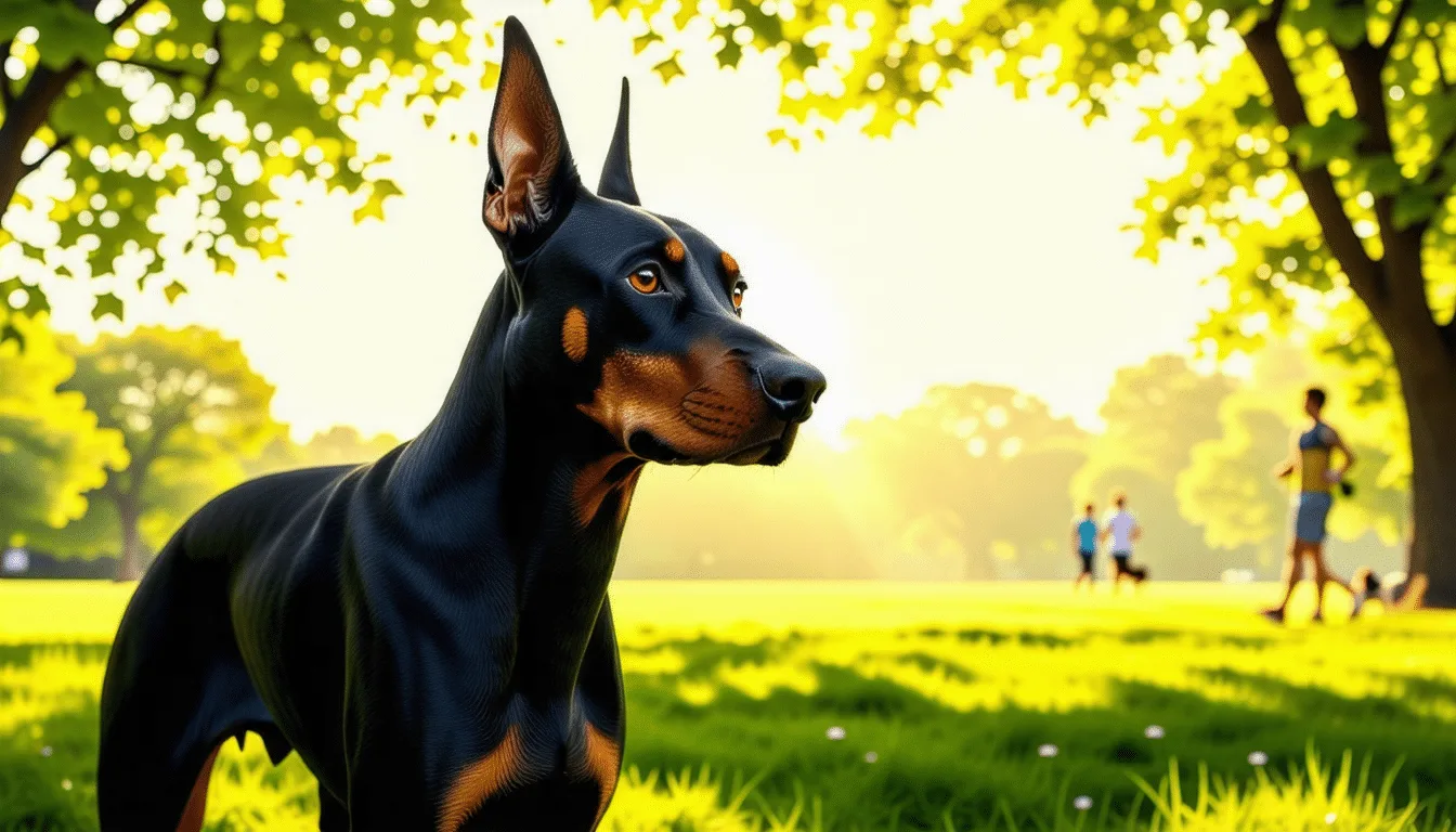 Dobermann noir et feu debout de profil, oreilles et queue naturelles, sur une pelouse