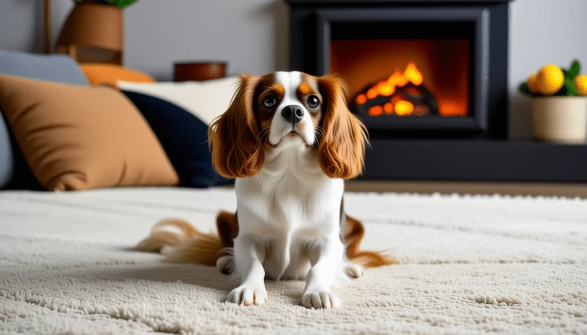 Cavalier King Charles Spaniel Blenheim, robe blanc et châtain, oreilles frangées