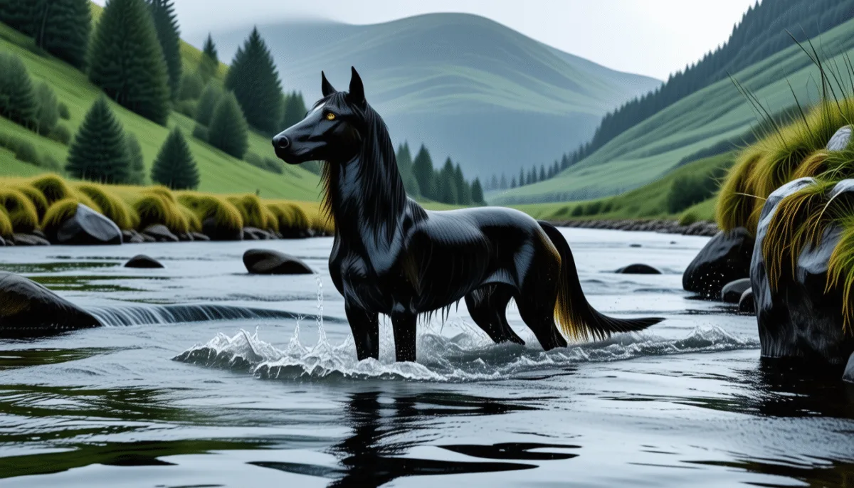 Kelpie australien noir et feu, oreilles dressées, arrêté dans une prairie