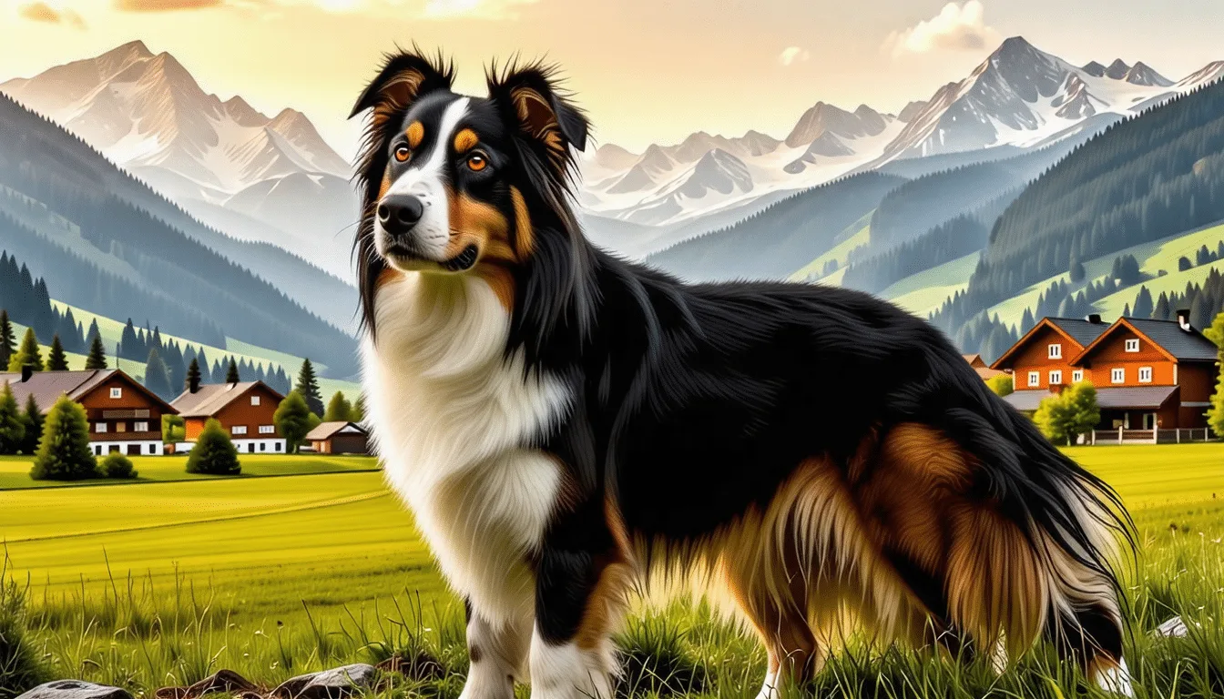 Grand Bouvier Suisse tricolore adulte, debout de profil dans un pré
