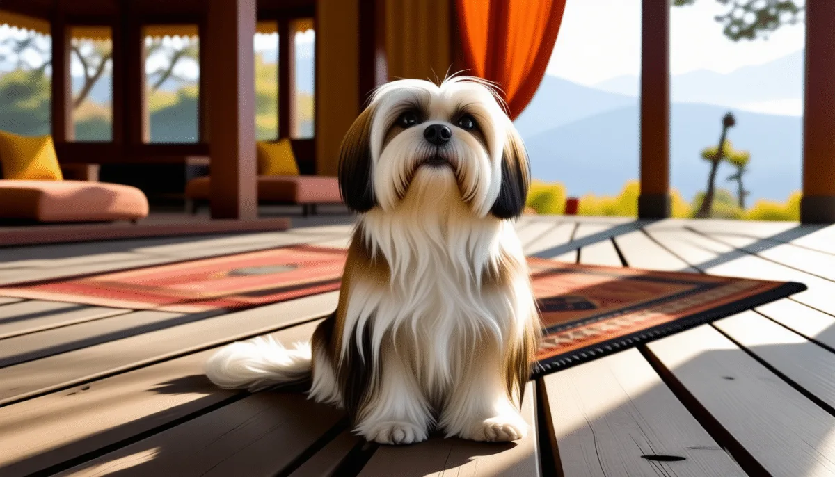 Lhassa Apso doré au poil long tombant jusqu’au sol, assis de trois quarts